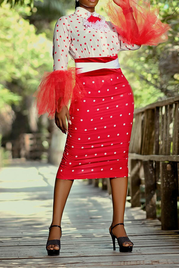 Chic Polka Dot Print Blouse & Skirt Set