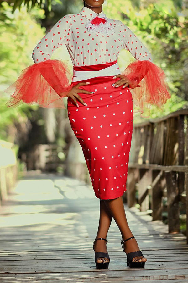 Chic Polka Dot Print Blouse & Skirt Set