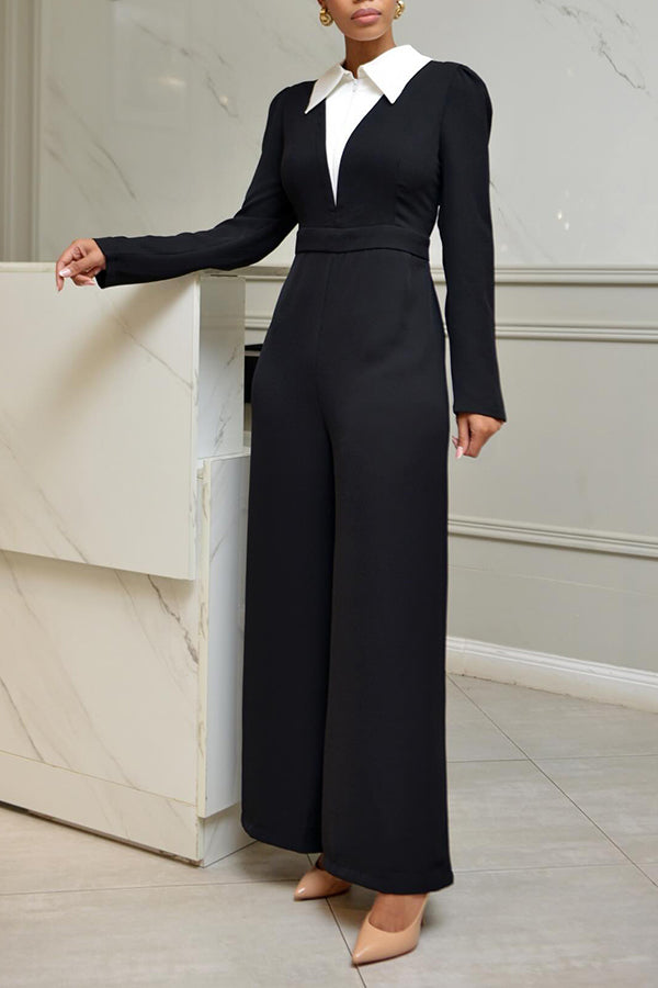 Fashion Waist-Cinching Shirt Collar Wide-Leg Jumpsuit