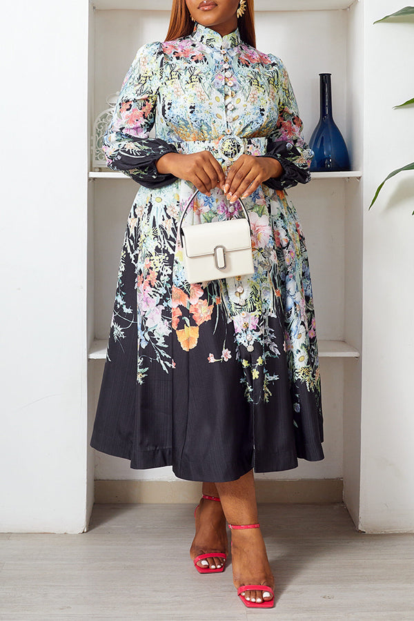 Chic Floral Print Belted Midi Shirt Dress