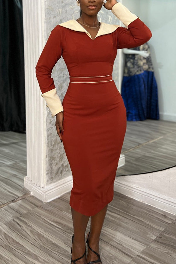 Elegant Lapel Neck Bodycon Midi Dress