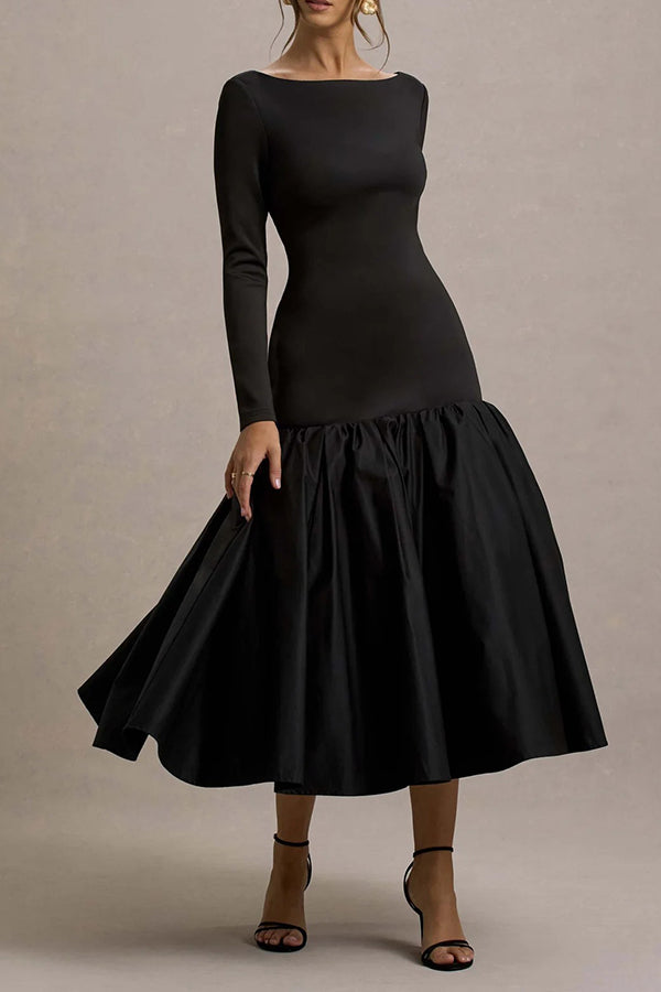 Elegant Solid Drop Waist Ruffle Hem Midi Dress