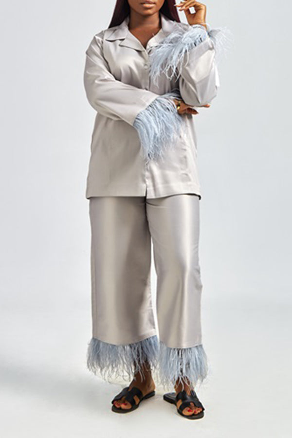 Stylish Fuzzy Trim Blouse & Pants Set