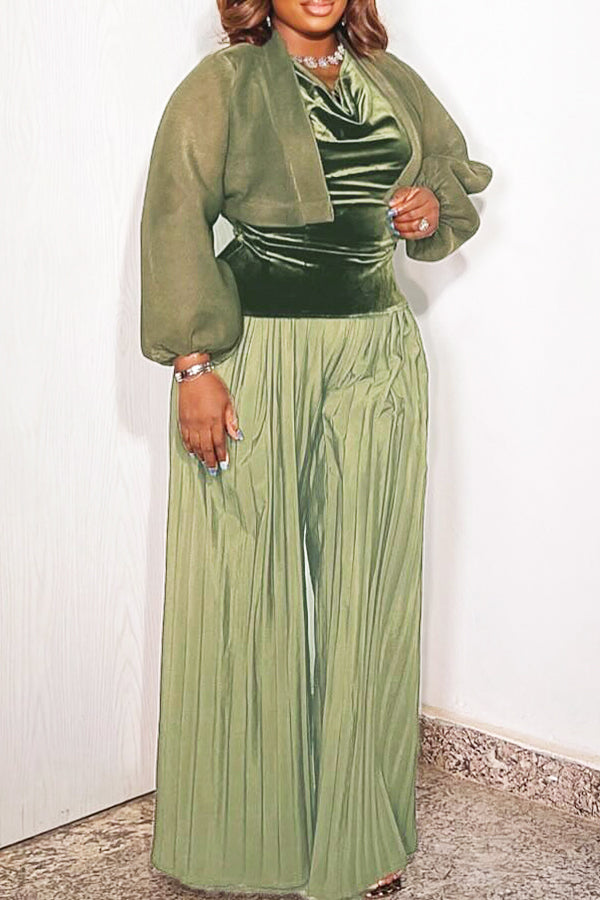 Stylish Lantern Sleeve Top & Pleated Pants Set