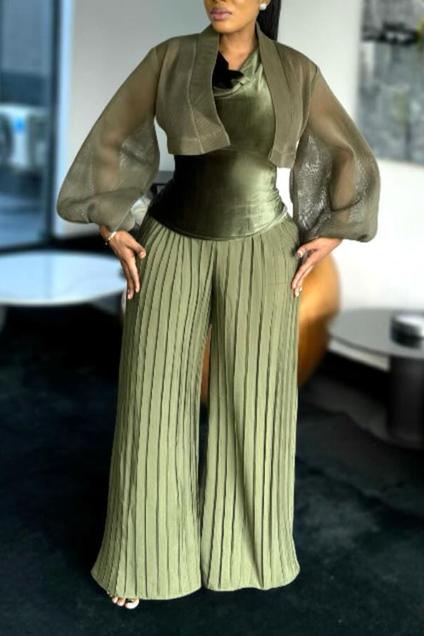 Stylish Lantern Sleeve Top & Pleated Pants Set