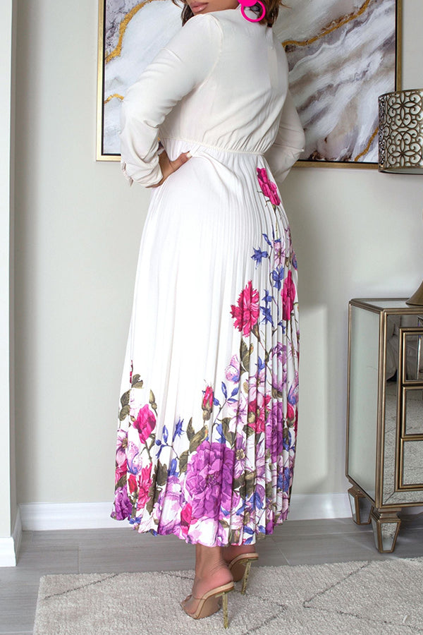 Tie Neck Floral Print Pleated Maxi Dress