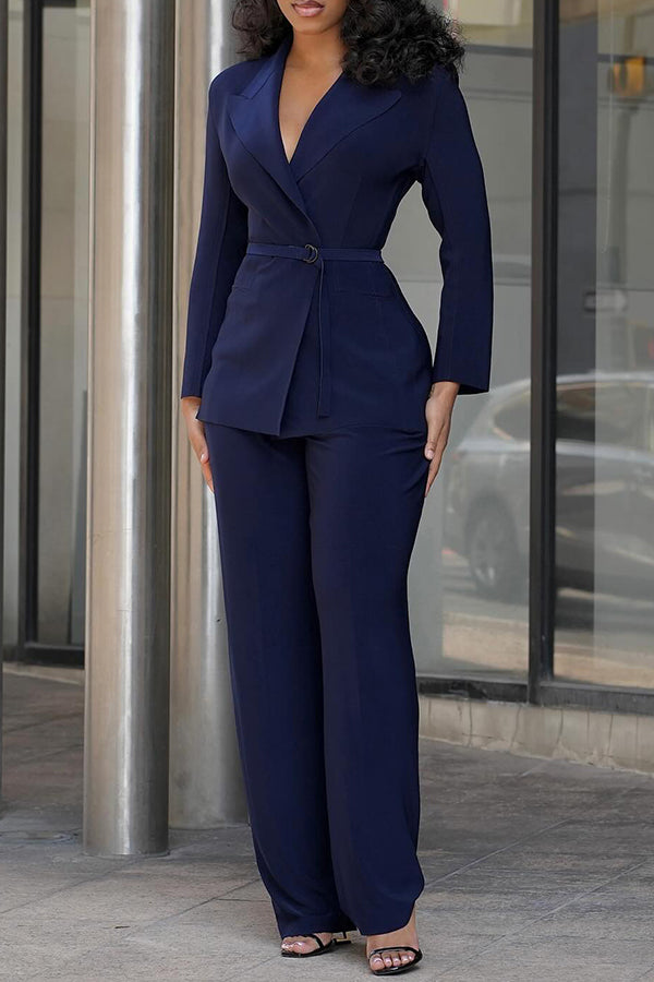 Classic Peak Collar Belted Blazer & Pants Set