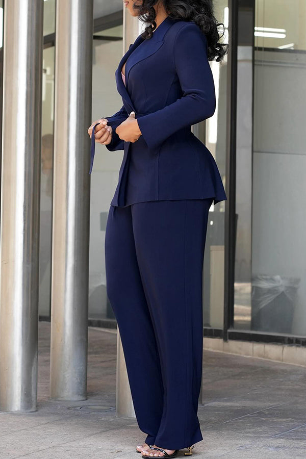 Classic Peak Collar Belted Blazer & Pants Set