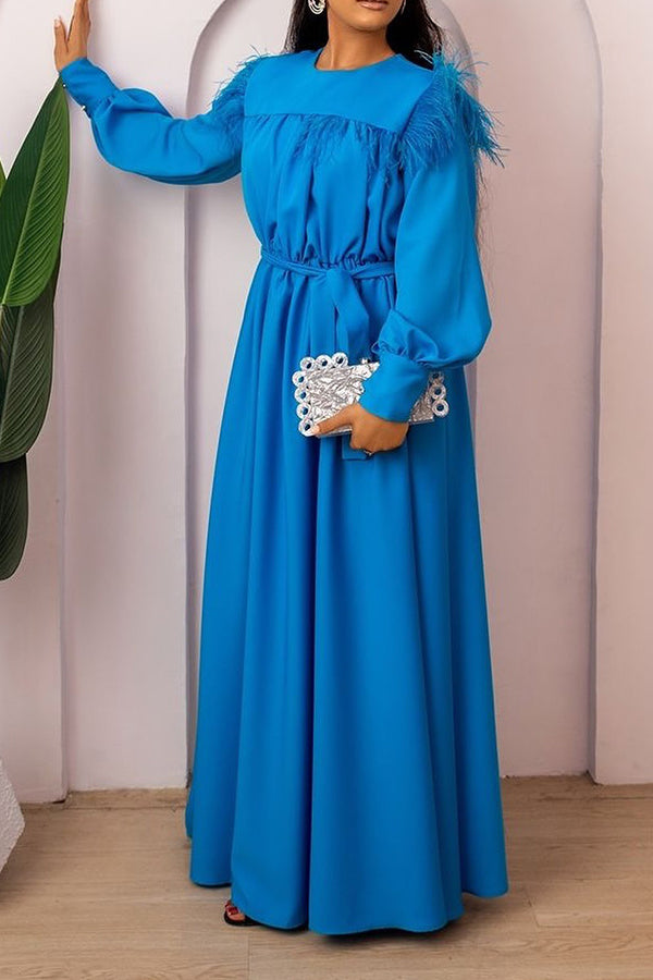 Stylish Fuzzy Trim Lantern Sleeve Belted Dress