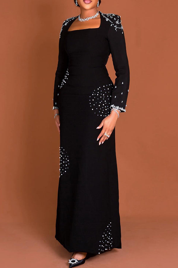 Elegant Rhinestone Shrug Maxi Dress