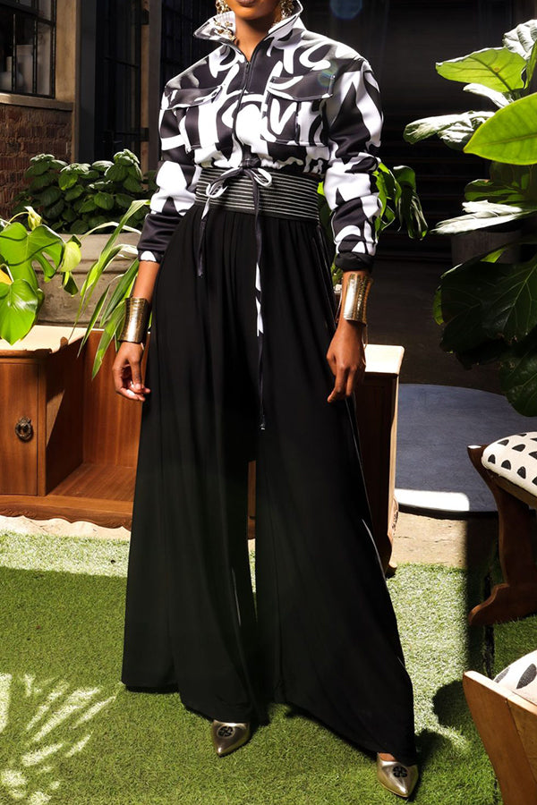 Drawstring Printed Jacket & Wide Leg Pants Set