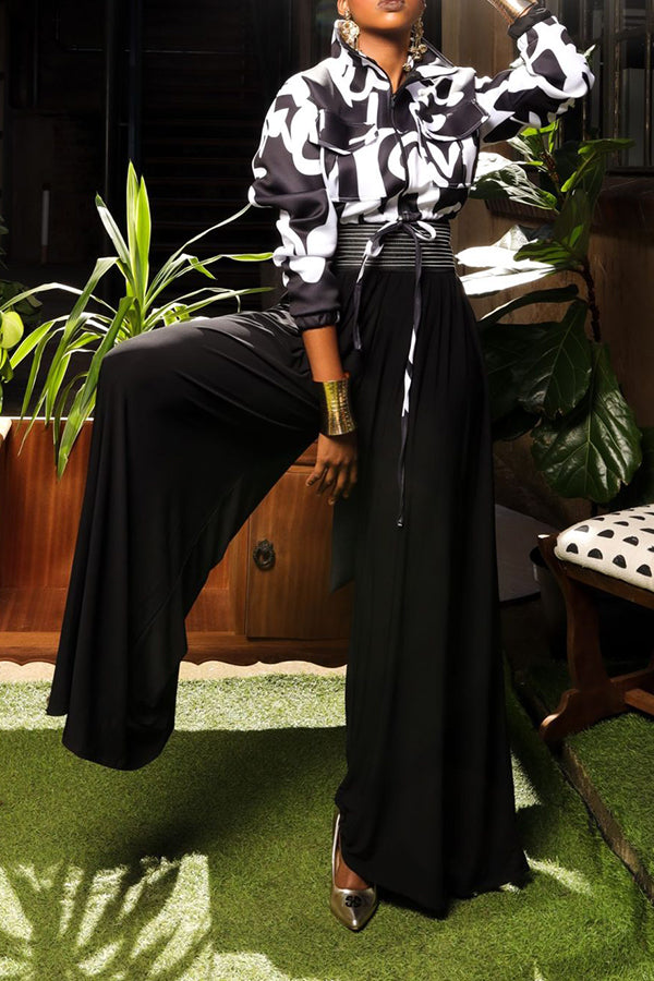 Drawstring Printed Jacket & Wide Leg Pants Set