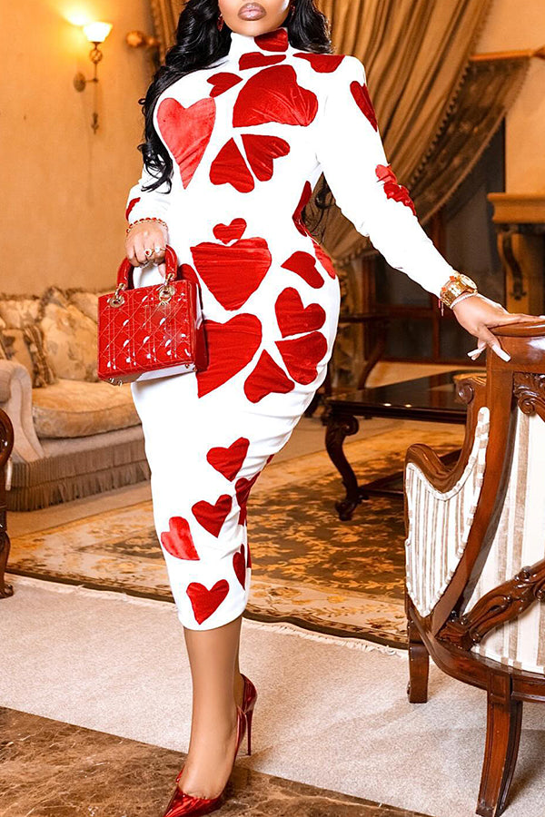 Romantic Heart Print Long Sleeves Dress