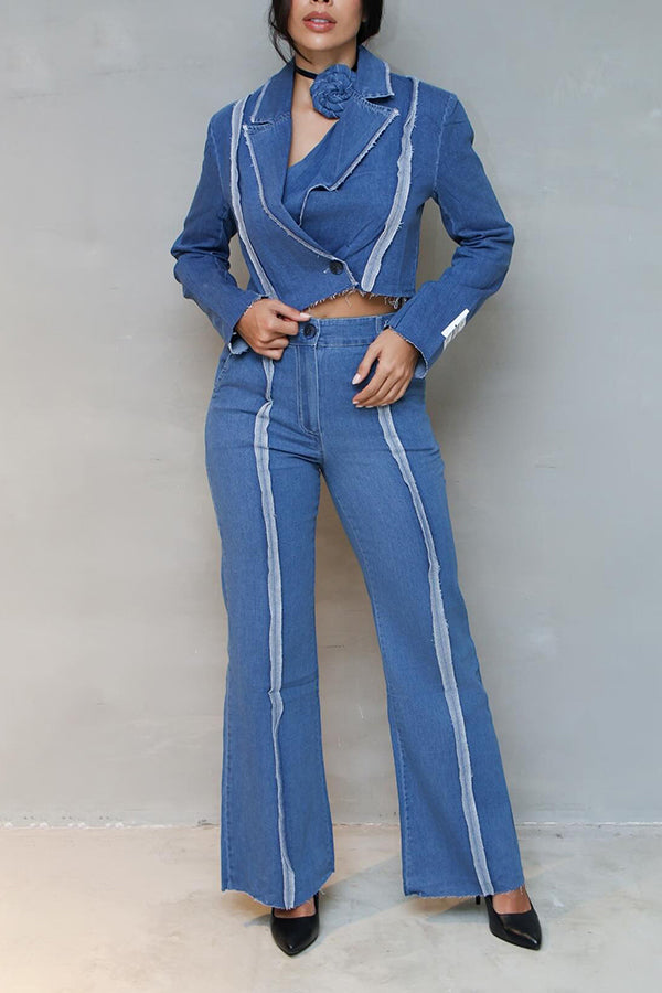 Stylish Peak Collar Denim Top & Pants Set