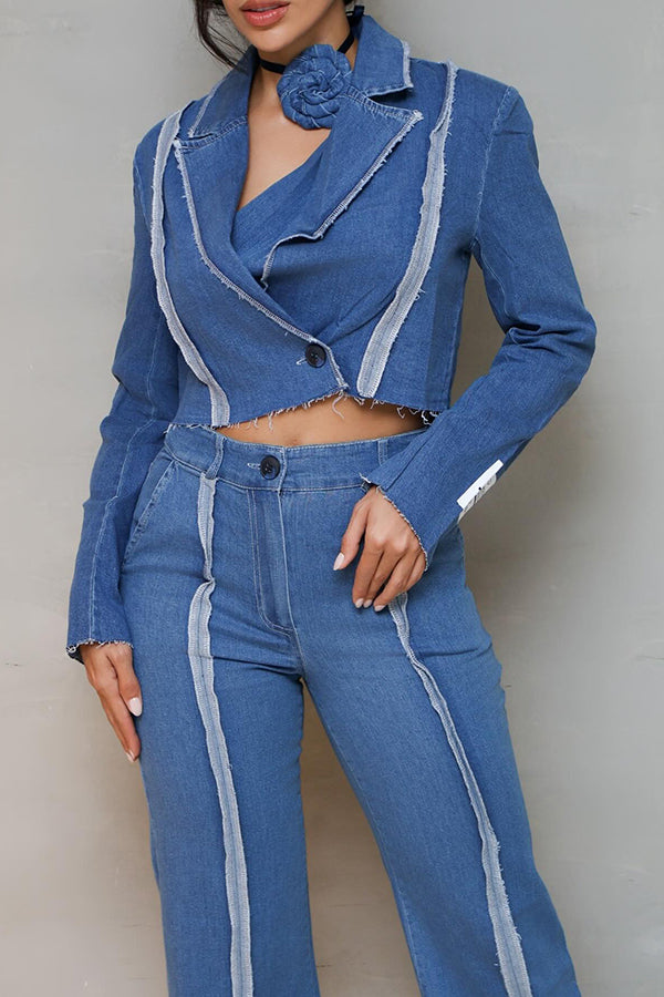 Stylish Peak Collar Denim Top & Pants Set