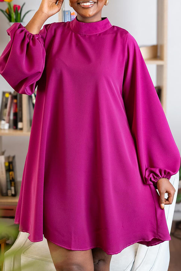 Stylish Solid Lantern Sleeve Dress