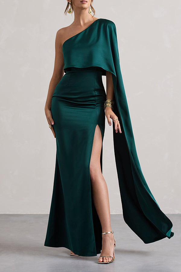 Asymmetric Cape-Sleeve Split Maxi Dress