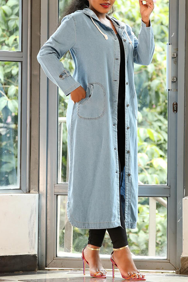 Stylish Snap Button Denim Hooded Trenchcoat