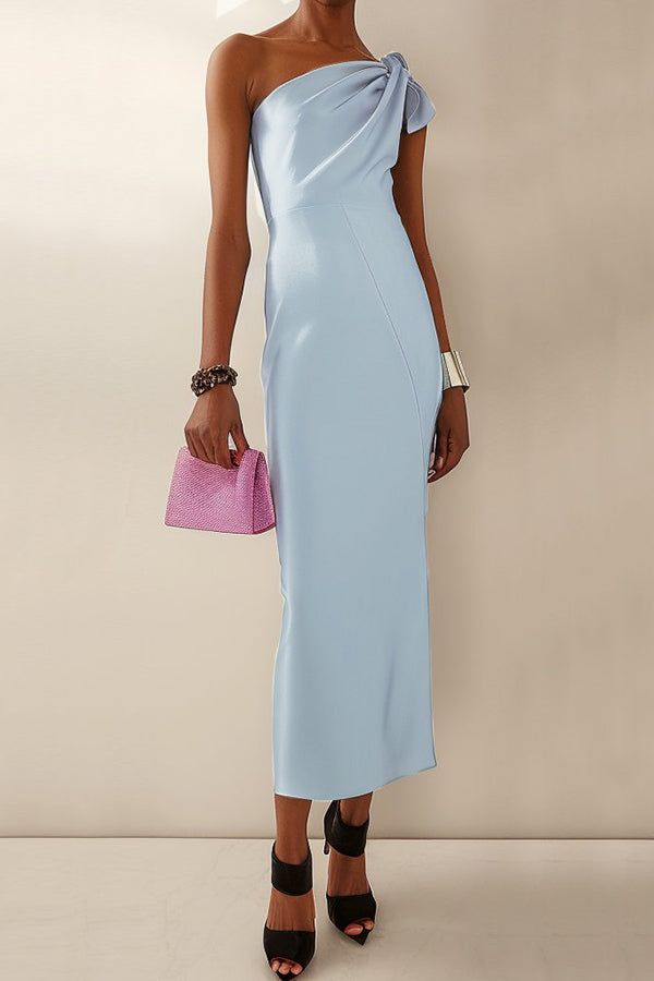 Elegant Solid Bow One Shoulder Dress