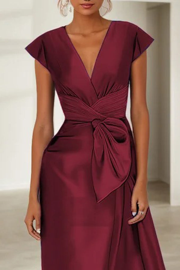 Chic Surplice Neck Cap Sleeve Bow Dress