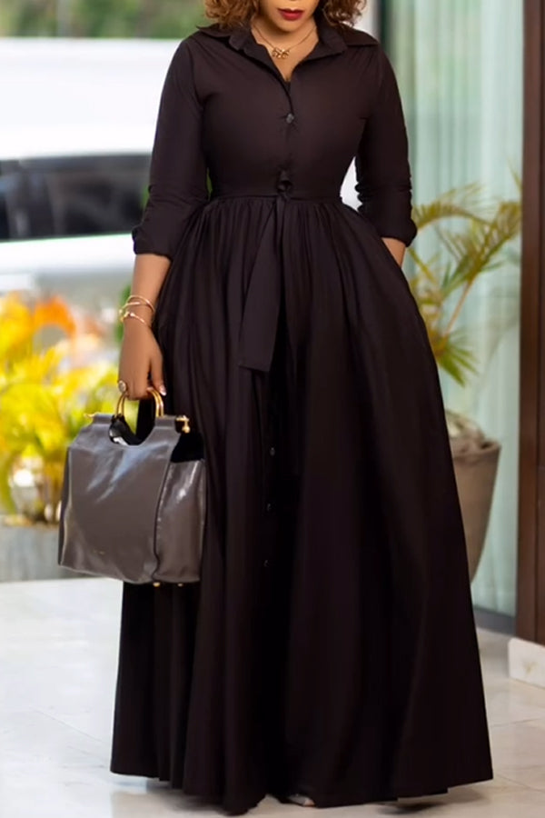 Chic 3/4 Length Sleeve Belted Ruffle Hem Dress