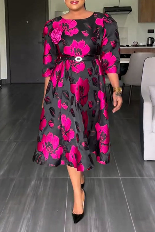 Puff Sleeve Vintage Satin Print Dress