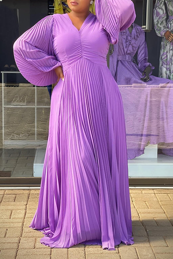 Lantern Sleeve Pleated Chiffon Dress