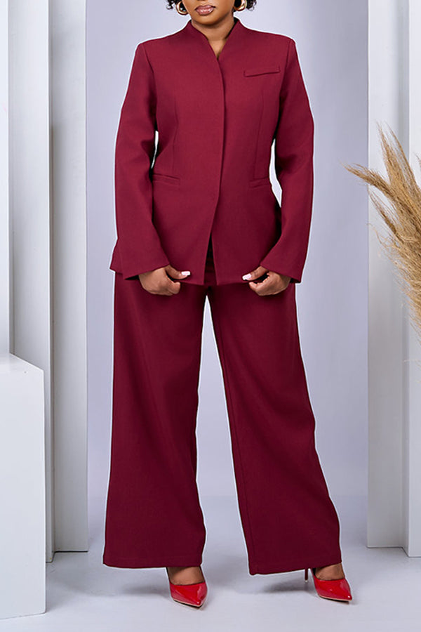 Decorative Pocket Blazer & Wide Leg Pants Set