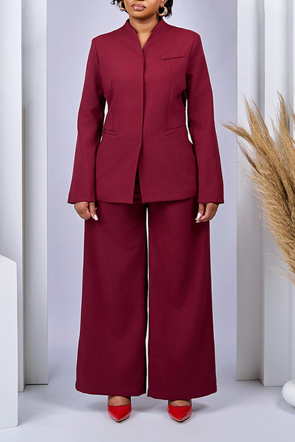 Decorative Pocket Blazer & Wide Leg Pants Set