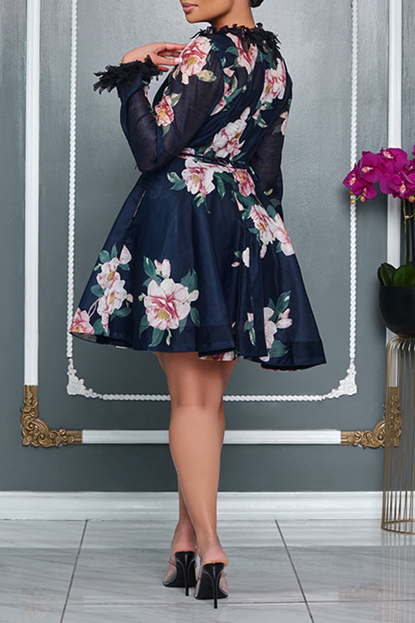 Stylish Floral Print Trim Neckline Dress