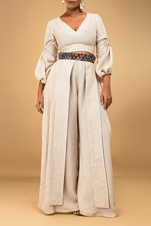 Stylish V-Neck Top & Wide-Leg Pants Set