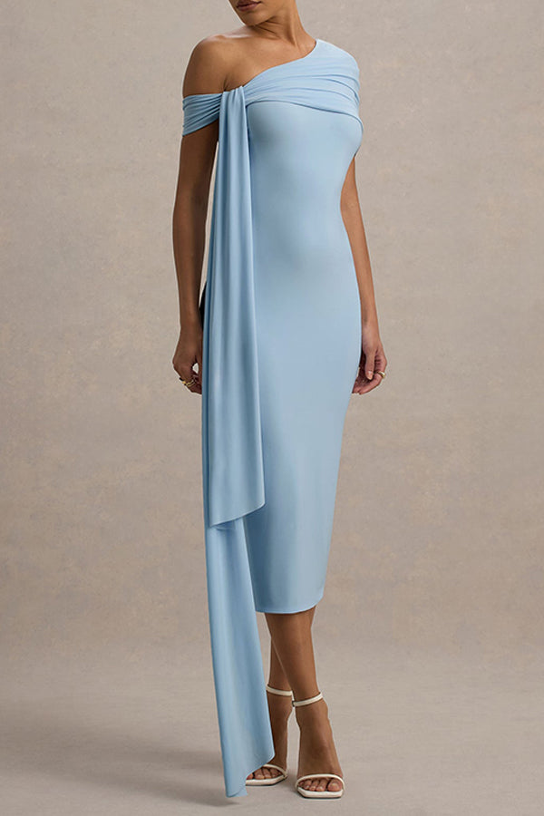 Chic Oblique Neck Ruched Draped Dress