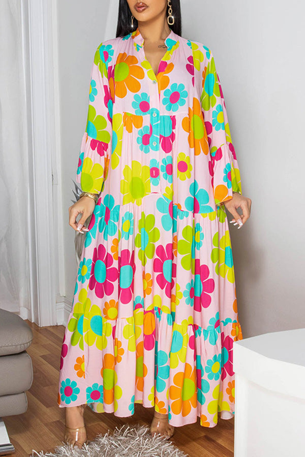 Chic Floral Print Ruffle Sleeves Dress