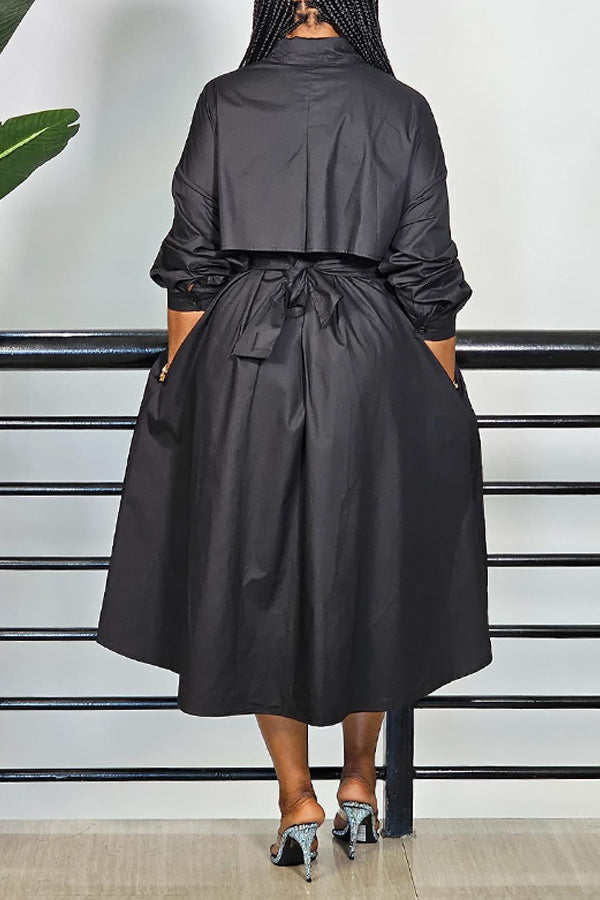 Chic Solid Belted Shirt Midi Dress