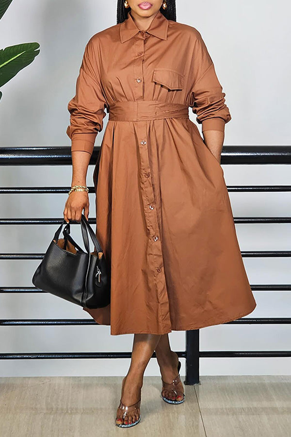 Chic Solid Belted Shirt Midi Dress