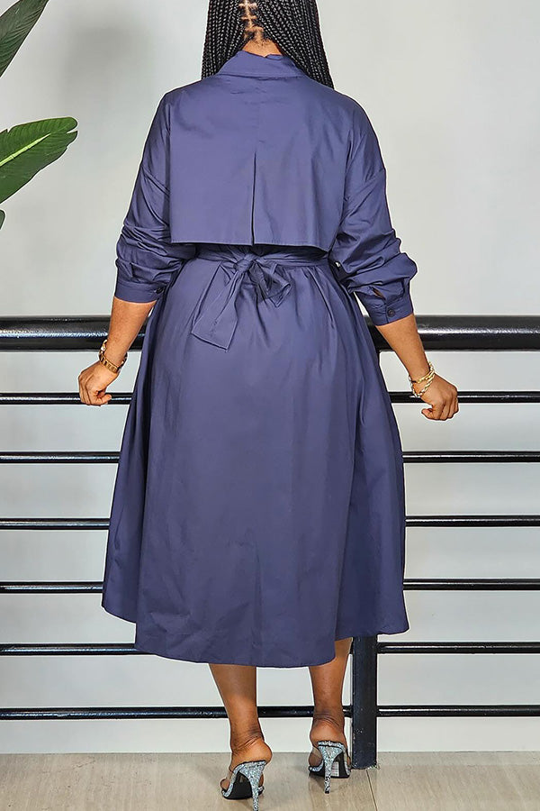 Chic Solid Belted Shirt Midi Dress