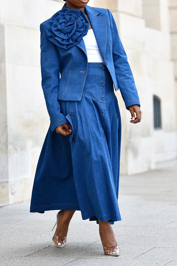 Chic Three-dimensional Floral Denim Blazer