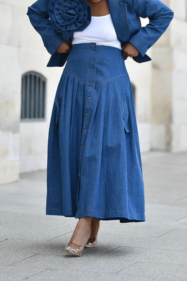 Chic Three-dimensional Floral Denim Blazer