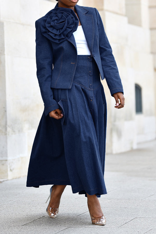 Chic Three-dimensional Floral Denim Blazer