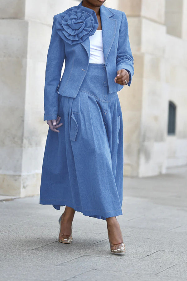 Chic Three-dimensional Floral Denim Blazer