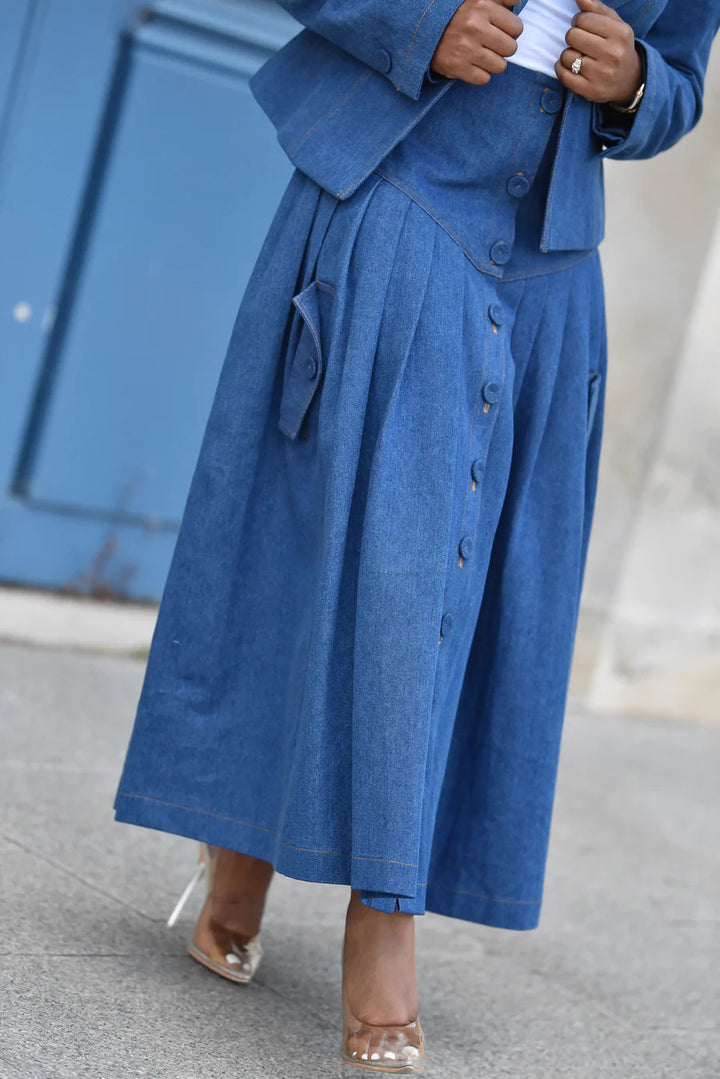 Chic Button Up Pleated Denim Skirt