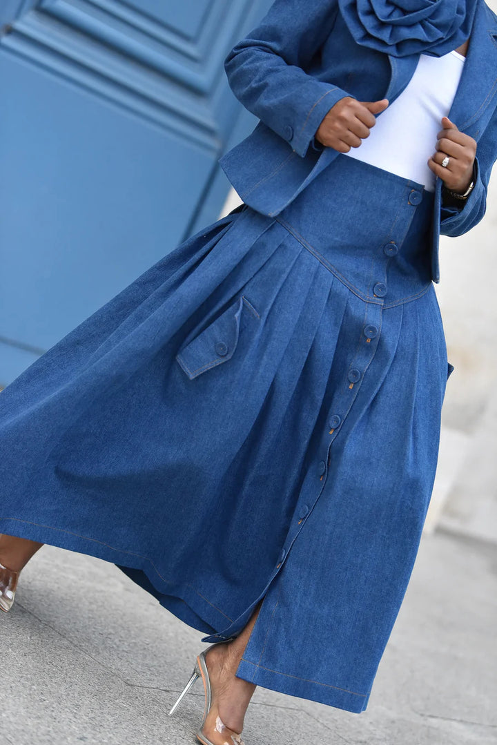 Chic Button Up Pleated Denim Skirt