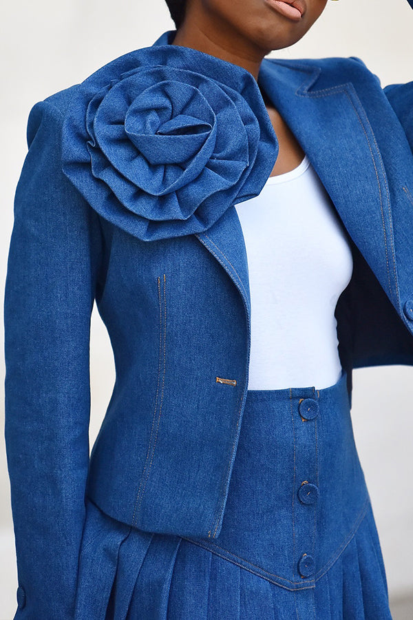 Chic Three-dimensional Floral Denim Blazer