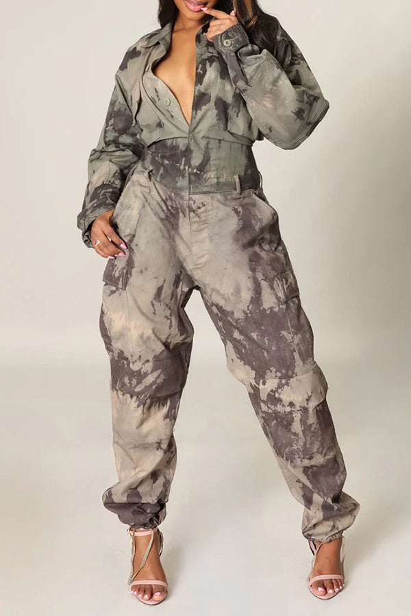 Street Two-tone Camouflage Flap Pocket Jumpsuit