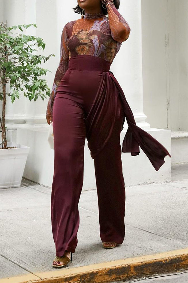 Stylish Tied Belt Patchwork High Waist Pants