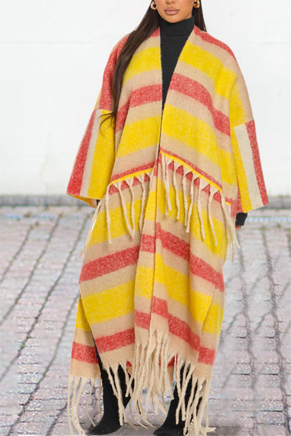 Stylish Color Blocked Fringe Detail Shawl