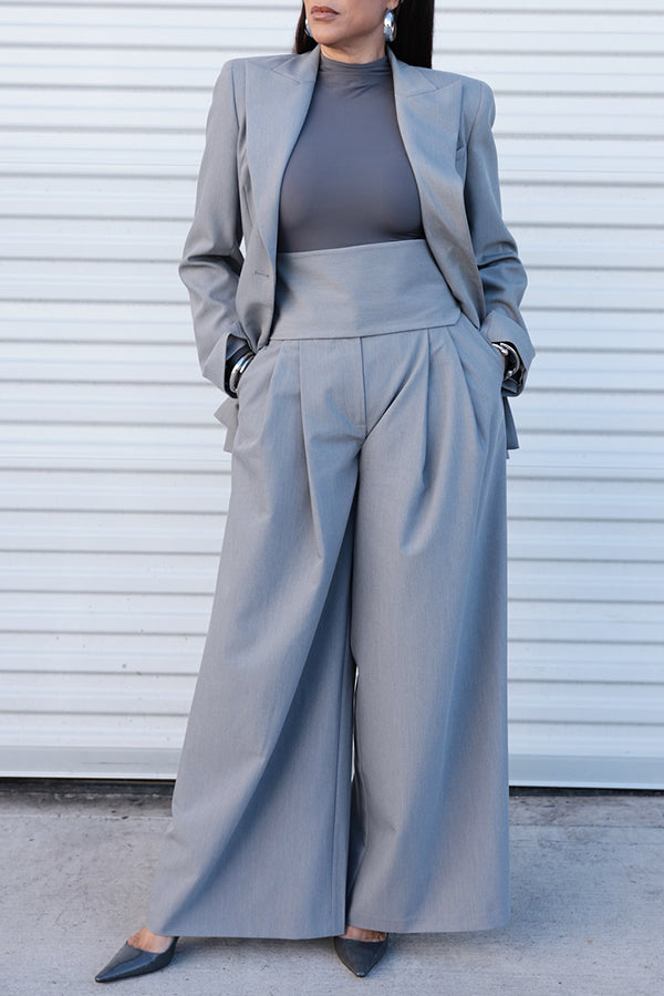 Fashionable Lapel Collar Blazer & Wide-Leg Trousers Suit Set