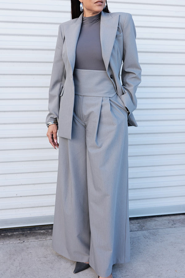 Fashionable Lapel Collar Blazer & Wide-Leg Trousers Suit Set