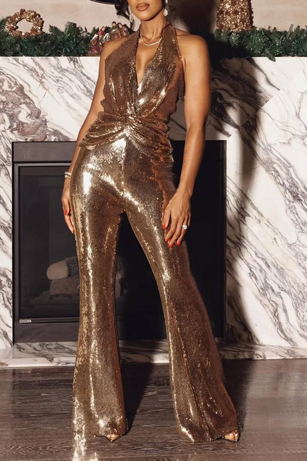 Sexy Halter Neck Waist-Cinching Flared Pants Jumpsuit