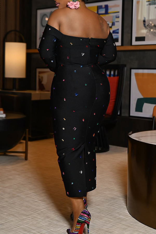 Elegant Off-the-Shoulder Bodycon Colorful Diamantes Dress